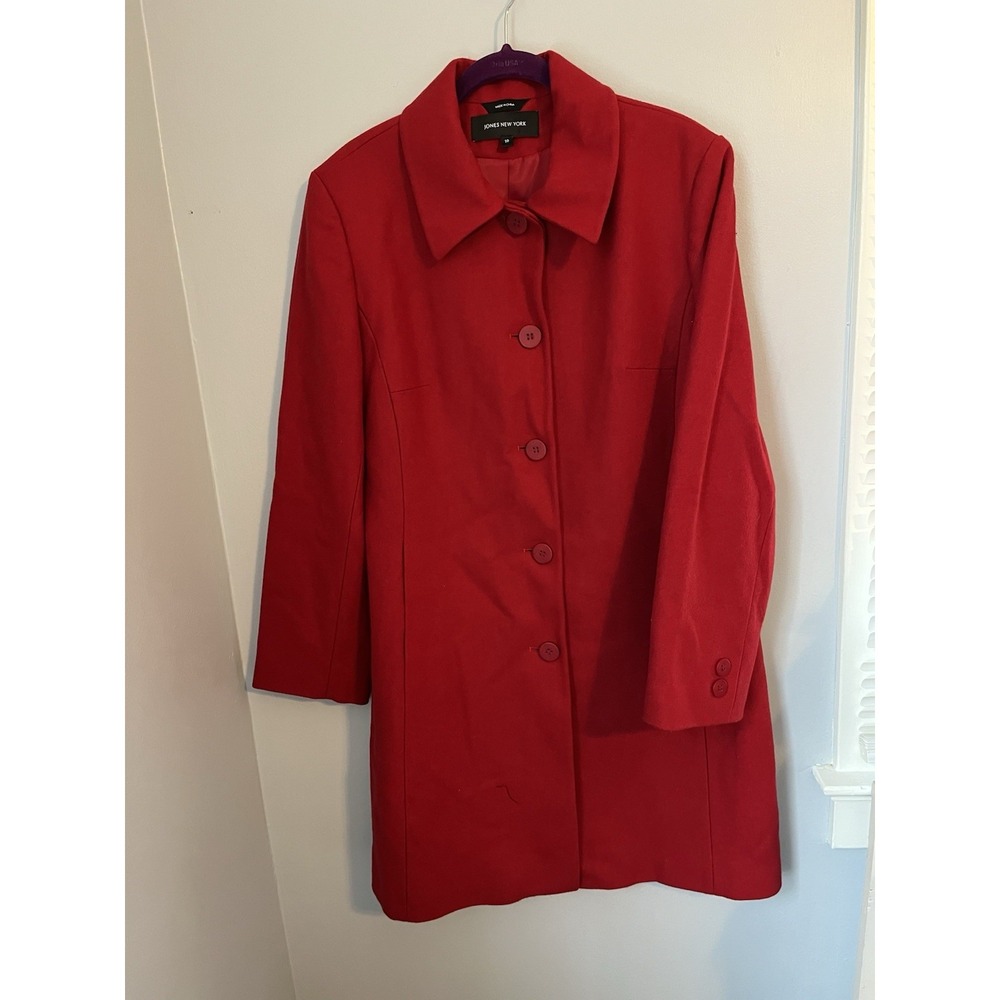 Jones New York Women's Trench Coat‎ 10 Red Button Up Long Sleeve Pockets Lined